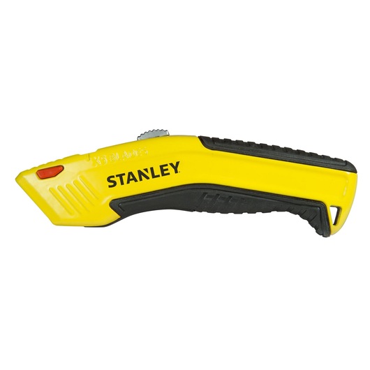 Photo of STANLEY 0-10-237 yellow and black utility knife, angled side view, ergonomic grip, retractable blade.