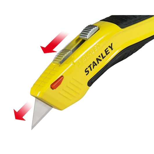 STANLEY 0-10-237 yellow utility knife with retractable blade, close-up left side, white background.