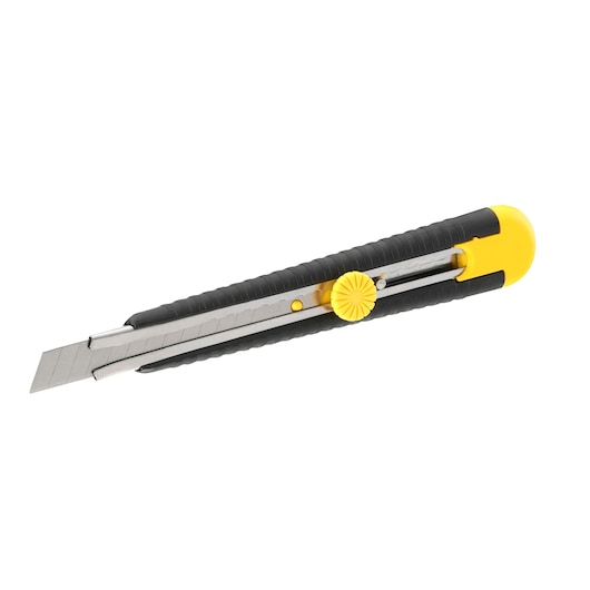 STANLEY 0-10-409 utility knife with black handle and yellow accents, side angle on white background.