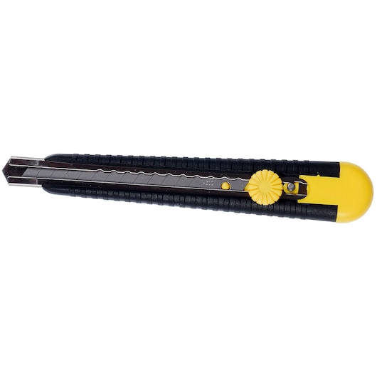 STANLEY 0-10-409 utility knife black and yellow, top view on white background.