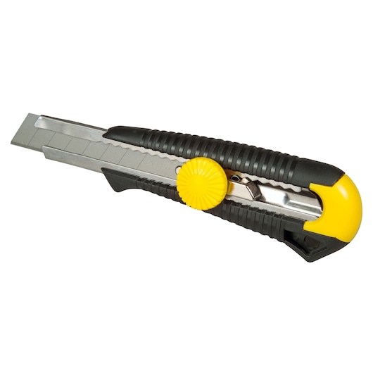 STANLEY 0-10-418 utility knife with segmented blade, black and yellow handle, side view, photography