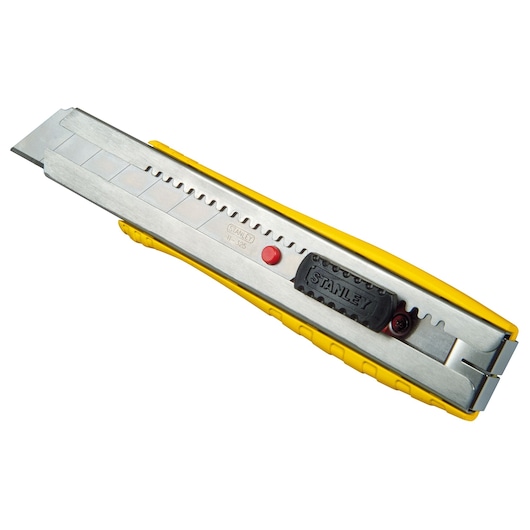 STANLEY 0-10-431 utility knife with yellow and silver body, front angle on white background.