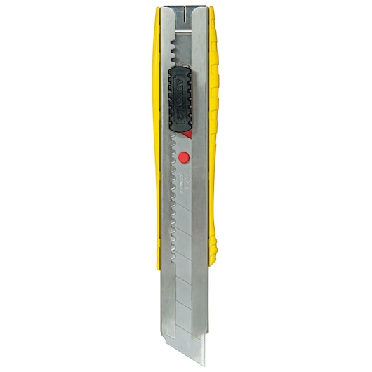 STANLEY 0-10-431 snap-off utility knife, yellow and silver, front angle on white background.