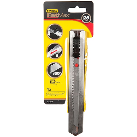 STANLEY 0-10-431 utility knife in packaging, front angle, yellow and silver with segmented snap-off blade.