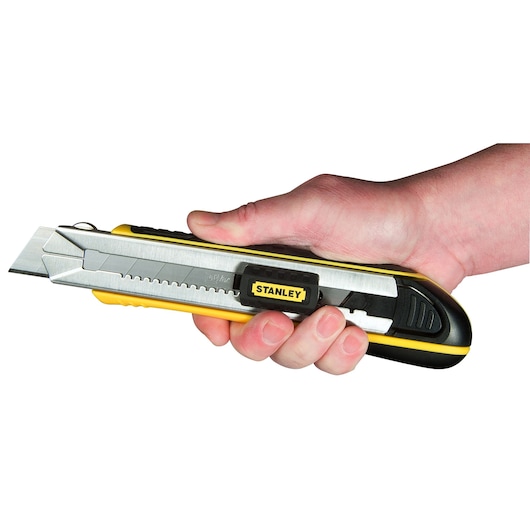 Photo of STANLEY 0-10-486 utility knife with yellow and black handle, held in a hand, side view.