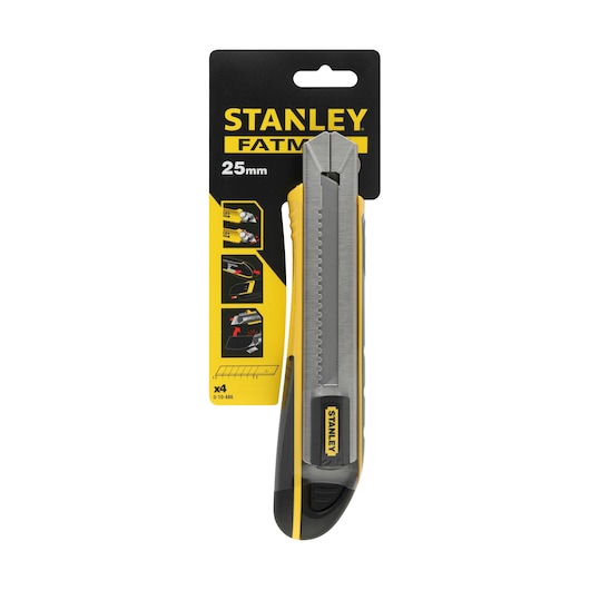 STANLEY 0-10-486 FATMAX 25mm utility knife front view on white background with black and yellow packaging.