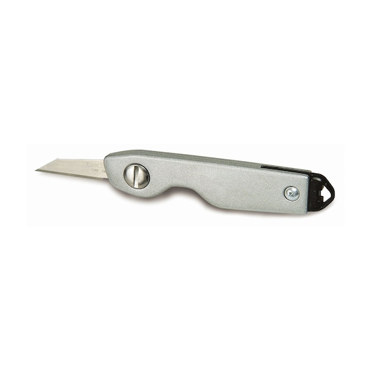 STANLEY 0-10-598 silver folding utility knife, side angle, shown on white background.