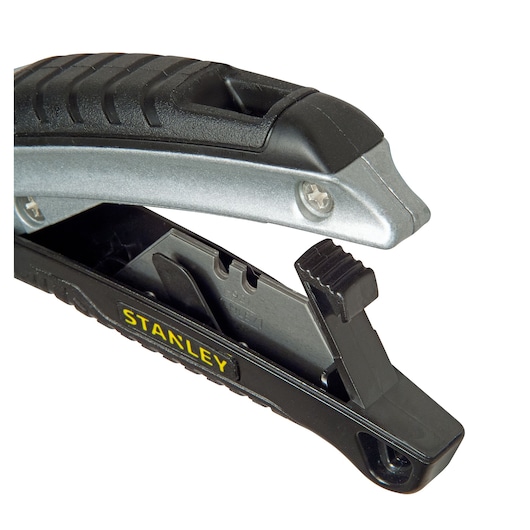 STANLEY 0-10-788 utility knife with black and silver handle, side angle photo showing open blade storage.