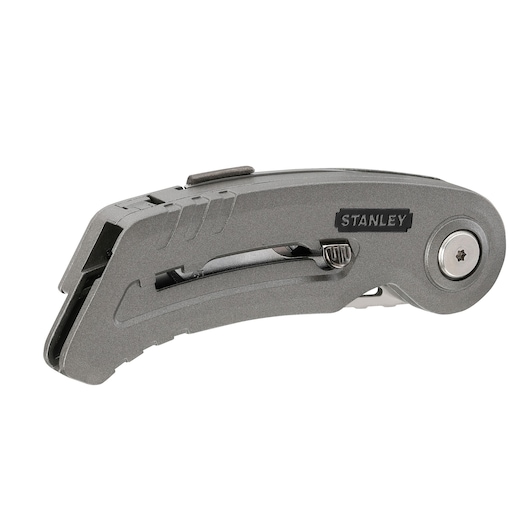 Photo of STANLEY 0-10-813 folding utility knife, grey metal, side angle on white background.