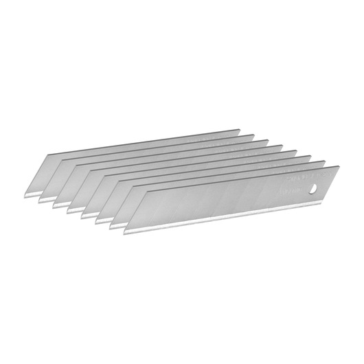 Seven silver snap-off utility knife blades arranged in a staggered stack on a white background.