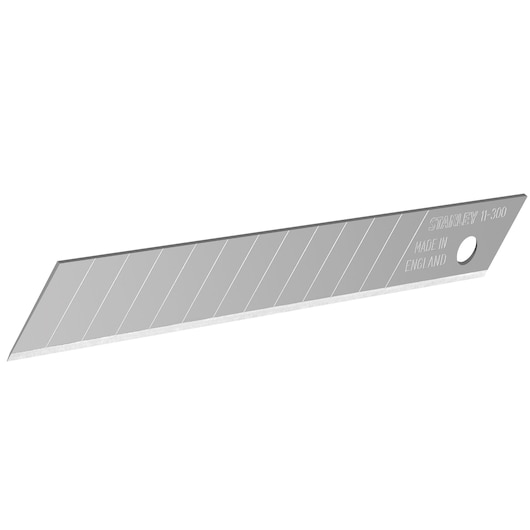 Stanley snap-off utility blade with angled edge and hole, model 11-300, used for cutting tasks.