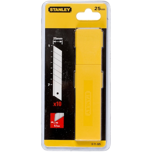 STANLEY 0-11-325 25mm snap-off blade pack, yellow case, product photography, front view.