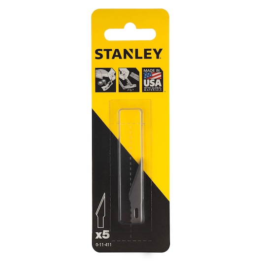 STANLEY 0-11-411 utility knife replacement blades, pack of 5, retail packaging, front angle.