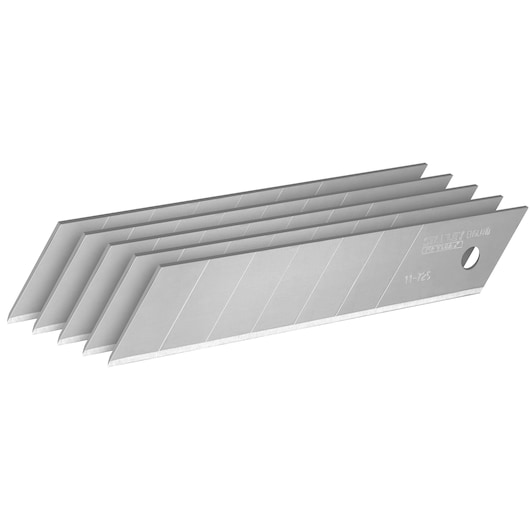 Five STANLEY segmented snap-off utility blades arranged in a row for replacement use.