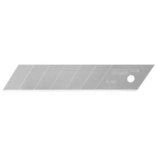 Replacement segmented snap-off blade for utility knives. Silver, rectangular with a hole near the end.