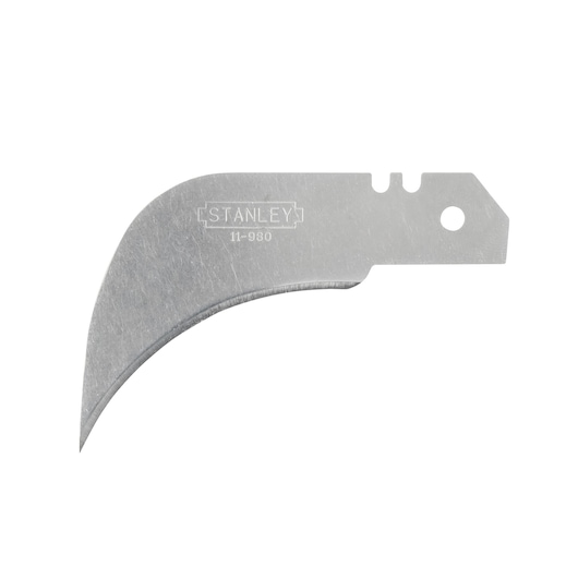 STANLEY 0-11-980 curved utility knife blade, silver, side angle on white background.