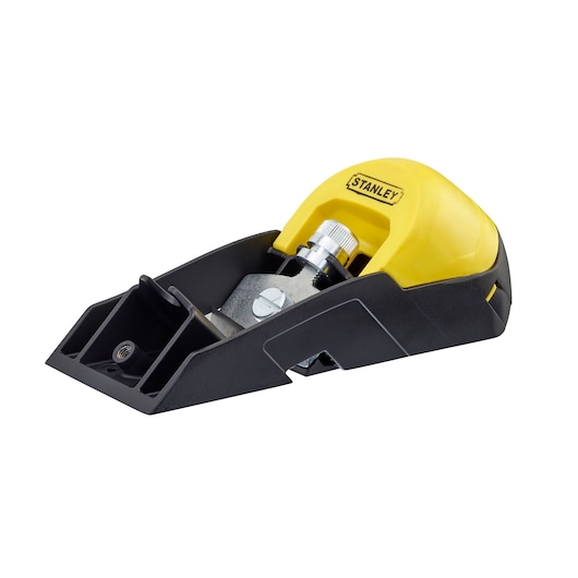 STANLEY 0-12-105 block plane with yellow and black handle, side angle on white background.