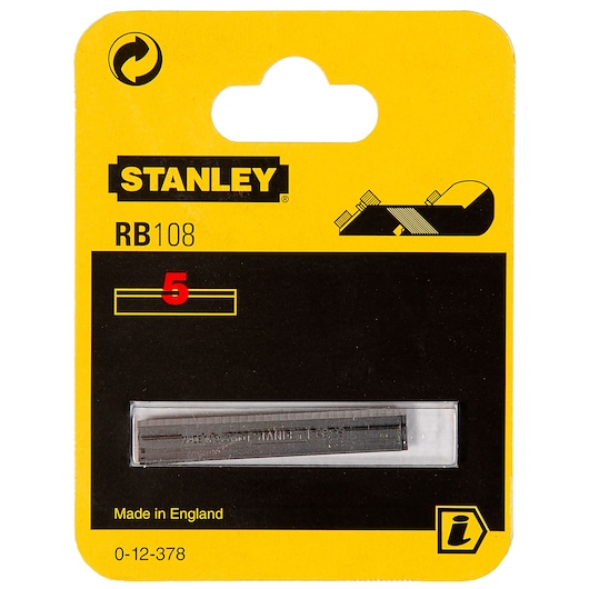 STANLEY 0-12-378 replacement blades pack, RB108, five blades, product packaging front angle.