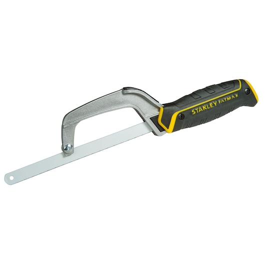 Stanley Fatmax hacksaw with ergonomic handle and thin metal blade, ideal for precise cutting tasks.