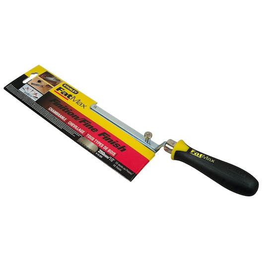 STANLEY 0-15-252 FatMax fine finish saw with black and yellow ergonomic handle, angled left on white.