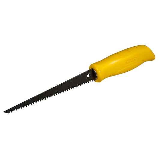 Photo of STANLEY 0-15-556 jab saw with black serrated blade and yellow ergonomic handle, side angle on white background.