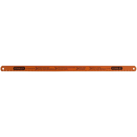 Stanley high speed steel hacksaw blade, orange with printed specifications, two holes for mounting.