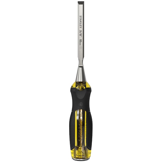 STANLEY 0-16-253 FatMax chisel with black and yellow handle, front angle on white background.