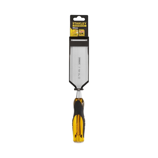 STANLEY 0-16-267 wood chisel with yellow and black handle, straight-on angle, white background.