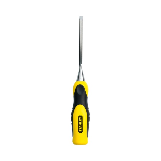 Photo of STANLEY 0-16-870 chisel with yellow and black ergonomic handle, front view on white background.