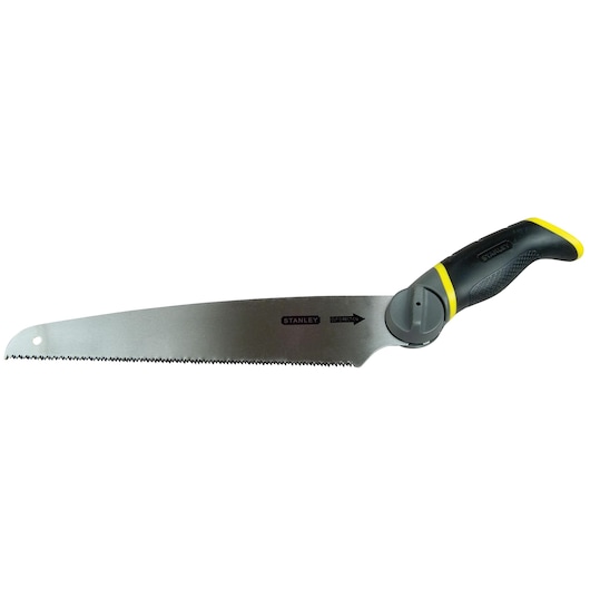 STANLEY 0-20-092 hand saw with curved blade and black and yellow ergonomic handle, side view, photography.