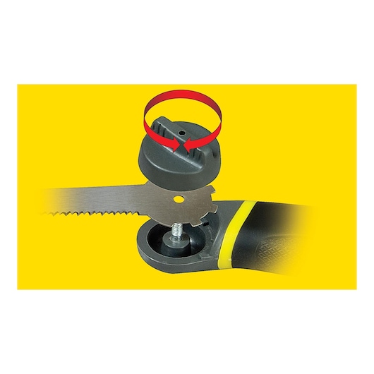STANLEY 0-20-092 saw handle with blade locking knob, close-up showing assembly instructions.