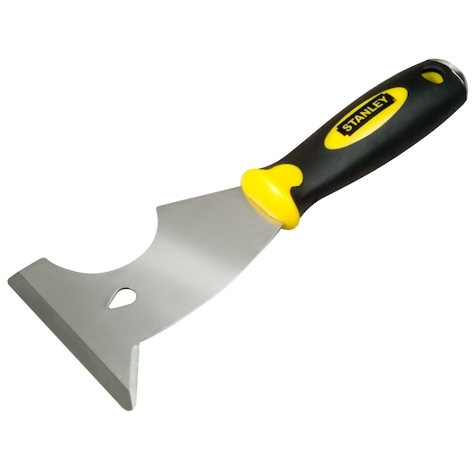STANLEY 0-28-206 multi-purpose painter's tool with black and yellow handle, angled blade, front view.