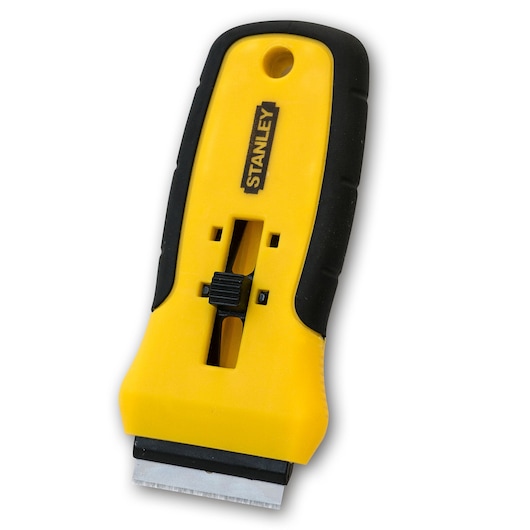 STANLEY 0-28-217 retractable blade scraper, yellow and black, top angle, photography product.