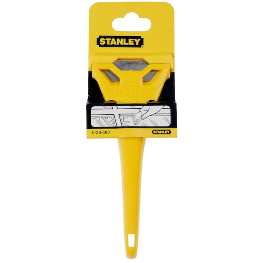STANLEY 0-28-590 yellow scraper tool in retail packaging, blade visible, photographed from front.