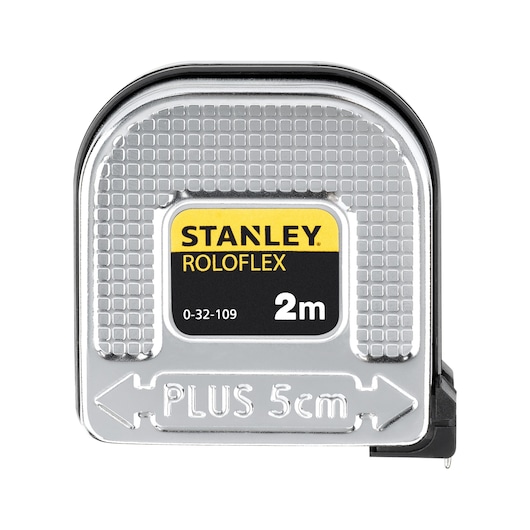 Photo of STANLEY 0-32-109 ROLOFLEX 2m tape measure, silver casing with yellow and black label, front angle.