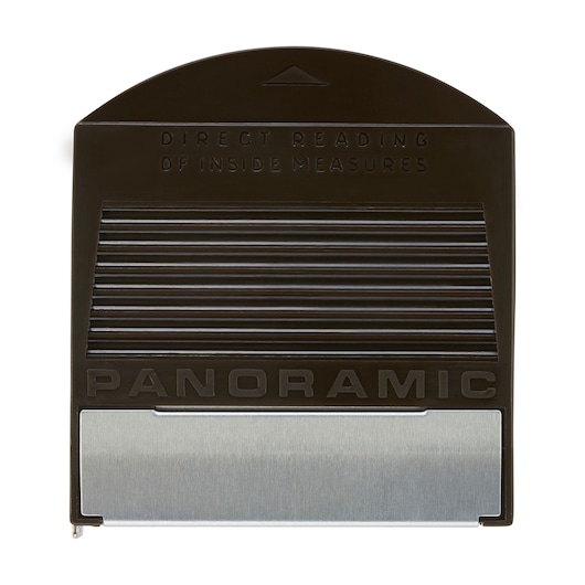 STANLEY 0-32-125 panoramic measuring tool, black and silver, front angle photo on white background.