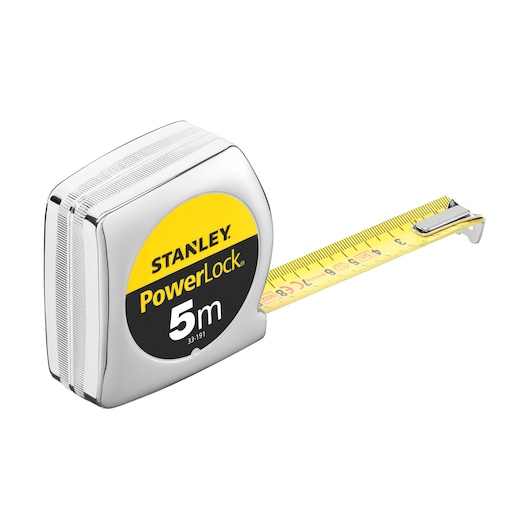 STANLEY 0-33-191 PowerLock tape measure, 5m, chrome body, yellow blade, side angle photo.