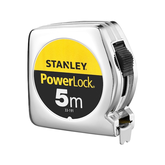 STANLEY 0-33-191 tape measure, PowerLock 5m, silver and black, front angle, photography.