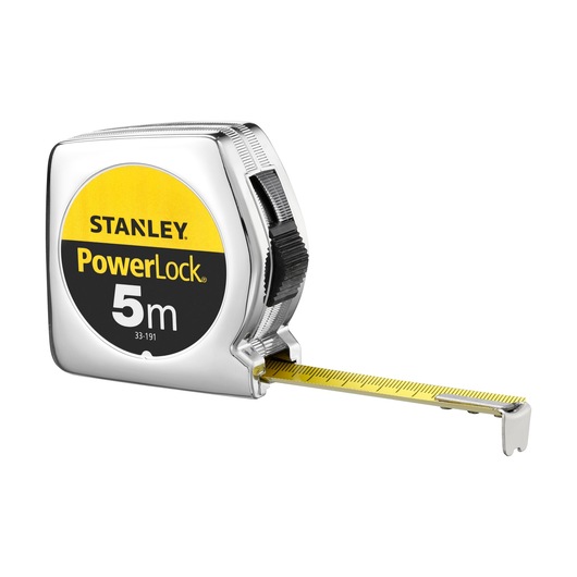 STANLEY 0-33-191 PowerLock 5m tape measure, chrome case, yellow measuring blade, front angle.