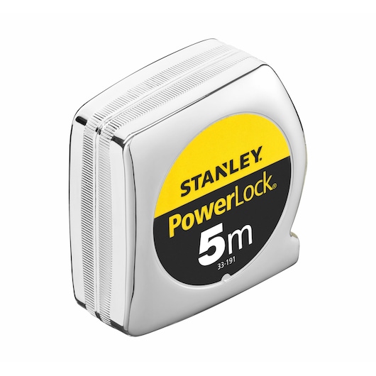 STANLEY 0-33-191 chrome PowerLock 5m tape measure, product photography, front right angle.