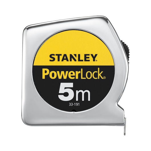 STANLEY 0-33-191 tape measure PowerLock 5m, metal case, front view on white background.