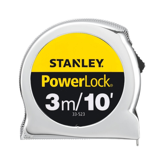 STANLEY 0-33-523 tape measure, PowerLock, 3m/10', photography, silver case, front angle, white background.