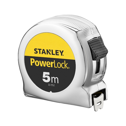 Photo of STANLEY 0-33-552 PowerLock 5m tape measure, chrome case, front angle, yellow and black label.