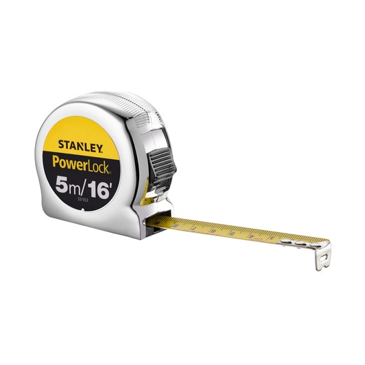 STANLEY 0-33-553 tape measure, PowerLock model, chrome case, front angle with extended yellow blade.