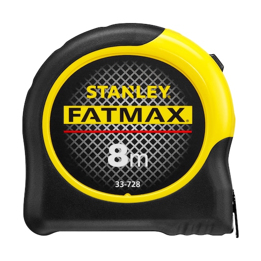 STANLEY 0-33-728 tape measure, FATMAX series, 8m length, front angle on white background.