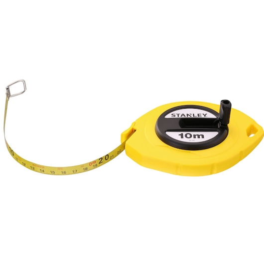 Stanley 10m yellow tape measure with plastic casing and a metal hook for measuring distances.