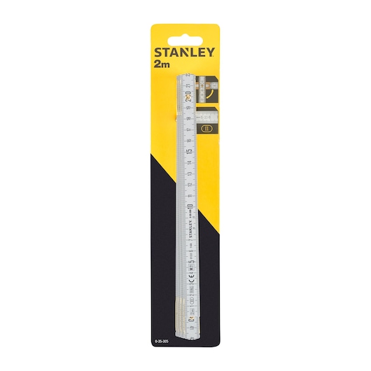 STANLEY 0-35-305 folding ruler 2m, silver, in retail packaging, front angle on white background.