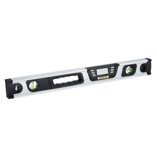 STANLEY 0-42-065 digital spirit level with LCD display, aluminum body and black accents, front angle.