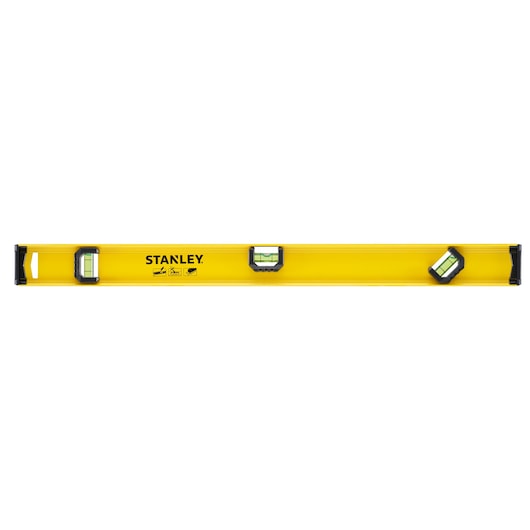 STANLEY 0-42-074 yellow spirit level with three vials, front view on white background.