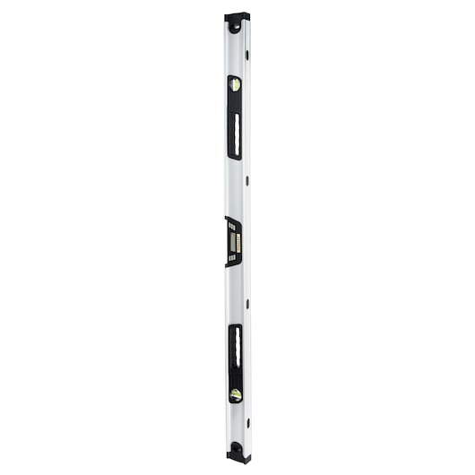 Photo of STANLEY 0-42-086 spirit level tool, silver with black handles, front angle on white background.